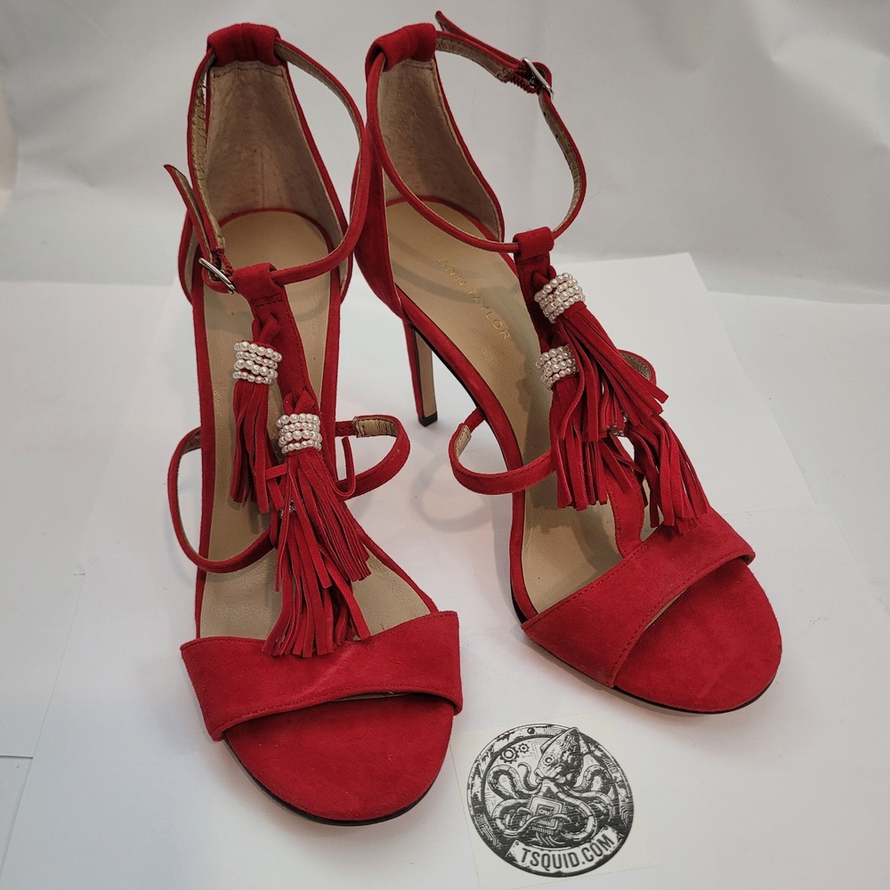 Ann Taylor T-Strap Sandal Women Red Suede Tassel Stiletto Heel 6.5M New DEFECTIV